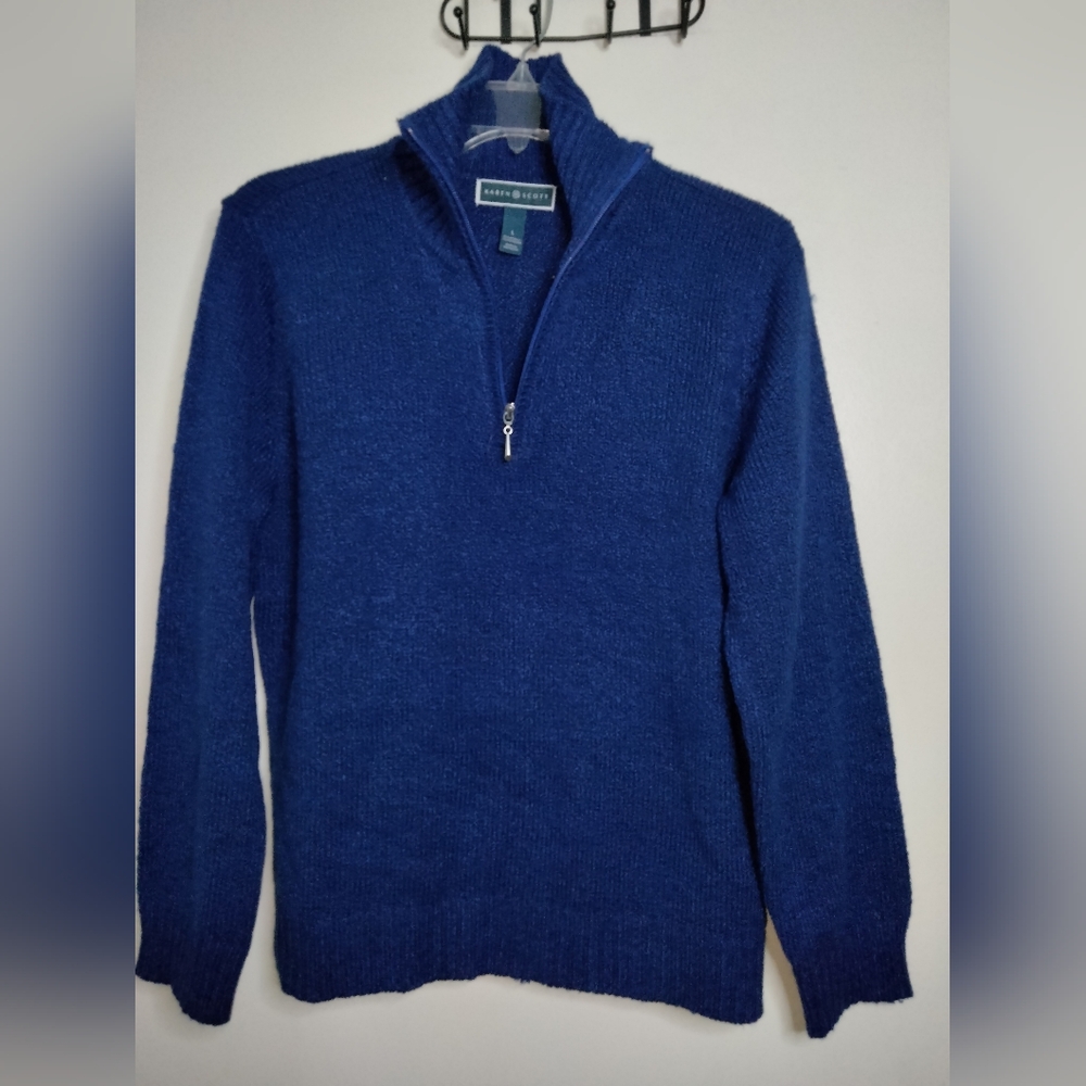 Karen Scott (Size L) Blue Stretch 1/4 Zip Mock Neck Collar LS Pullover Sweater